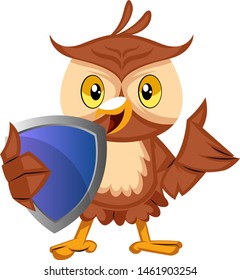 Owl with blue shild, illustration, vector on white background.
