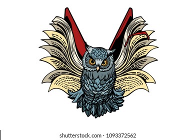 owl book flies, isolate on white background. Comic book cartoon pop art retro illustration