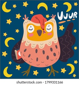 Owl with a book and a hat on a background of the night sky vector illustration for a postcard.