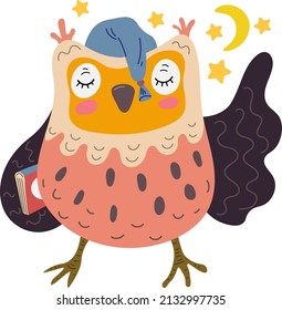 Owl With A Book And A Night Cap. Vector Illustration For Children