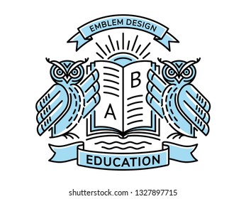 Owl and book vector emblem, illustration, logo for education, schools, universities  in linear style