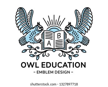 Owl and book vector emblem, illustration, logo for education, schools, universities  in linear style
