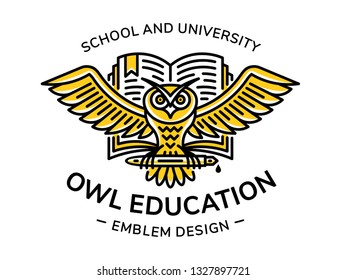 Owl and book vector emblem, illustration, logo for education, schools, universities  in linear style