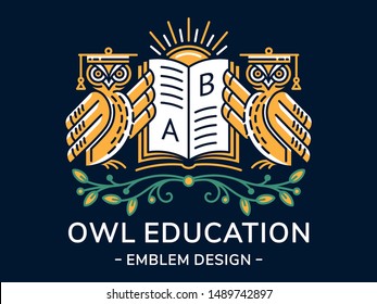 Owl and book vector emblem, illustration, logo for education, schools, universities  in linear style on a dark background