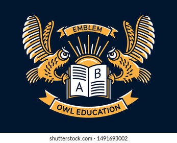 Owl and book vector emblem, illustration, logo for education, schools, universities  in linear style on a dark background