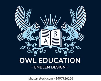 Owl and book vector emblem, illustration, logo for education, schools, universities  in linear style on a dark background