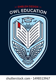 Owl and book vector emblem, illustration, logo for education, schools, universities  in linear style on a dark background
