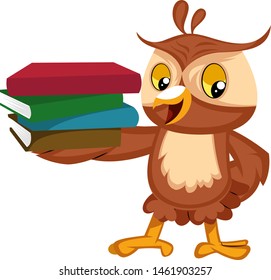 Owl with books, illustration, vector on white background.