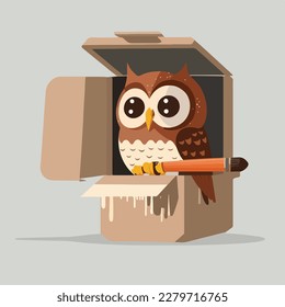 An Owl in a box with a paintbrush flat logo style