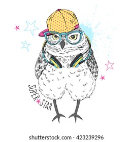 owl boy in cap with headphones, hand drawn graphic, animal illustration