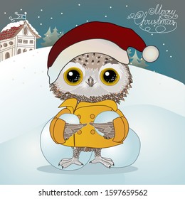 owl boy dressed in a yellow jacket and red hat of Santa Claus sculpts a snowman on a background of a winter landscape with Christmas trees and houses, vector illustration