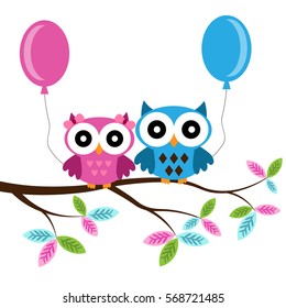 Owl boy and girl on a branch with air balloons