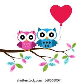 Owl boy and girl on a branch with heart air balloon