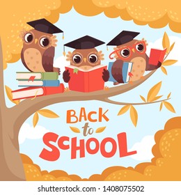 Owl in branch. Back to school september autumn concept background with birds with books and backpack vector cartoon. Illustration of owl clever, reading and teaching