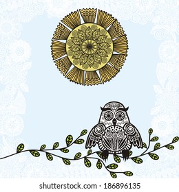 Owl branch sun vector illustration