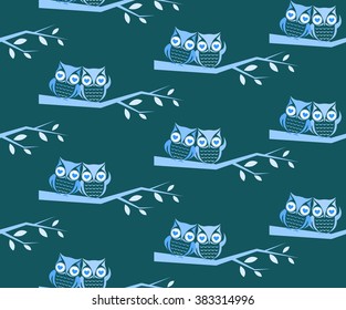 Owl and branch vector art background design for fabric and decor. Seamless pattern