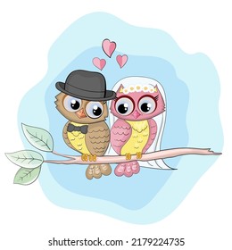 Owl Bride and Owl groom. Cute owls sitting on a branch. Cartoon style vector illustration. Hand drawn cute owls, Perfect illustration for t-shirt wear,  print design, greeting card, party invitation 