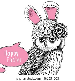 Owl in a bunny hat. Vector illustration.