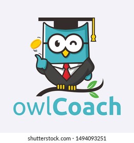 owl businessman character with coin and toga hat for business education logo