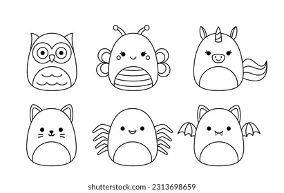 Owl, butterfly, spider, cat, unicorn, bat. Squishmallow. Coloring page. Black and white. Color me. Isolated vector illustration eps