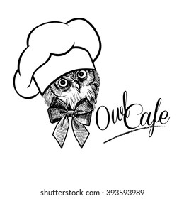 Owl cafe. Owl - cook. Owl in the bell with a bow