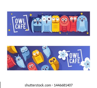 Owl cafe set of banners vector illustration. Cute cartoon wise birds with wings of different colors for greeting cards and celebration party. Owls with closed eyes. Night sky with stars.