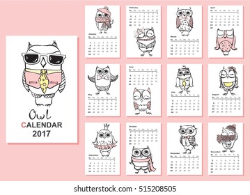 Owl calendar 2017. Cute owls and birds for every month. Vector. Isolated.