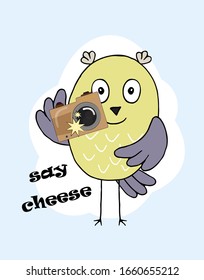 Owl with a camera in a children's cartoon style drawn by hand. Vector graphics.