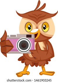 Owl with camera, illustration, vector on white background.