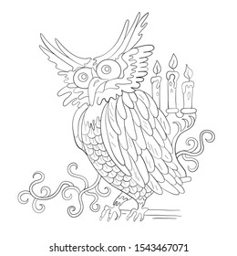 Owl with candles. Zentangle. Coloring page. Print. Vector illustration