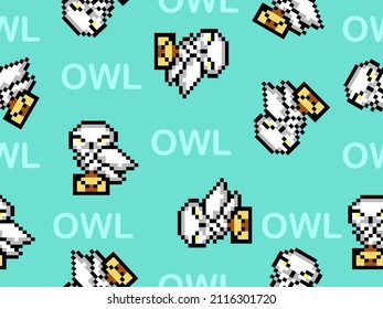 Owl cartoon character seamless pattern on green background.Pixel style