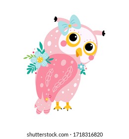 Owl cartoon character in vector. Cute owl with a bow decorated with flowers isolated on white background. Childrens illustration.