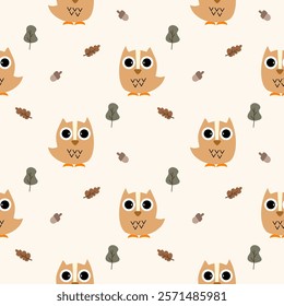 Owl cartoon so cute. On tree acorn leaf background. Pattern seamless vector illustration. 