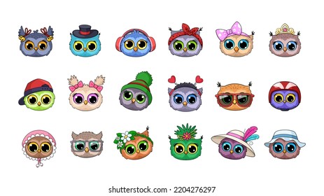 Owl cartoon faces. Cute owls avatars, funny wild birds vector portraits. Childish animal stickers, fashion characters with sunglasses, headphones, hats