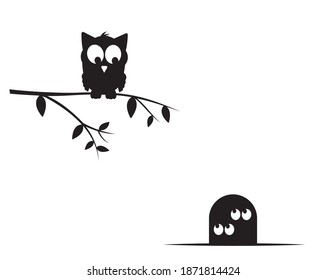 Owl cartoon illustration on branch and mouse in hole, vector. Kids wall decals, childish wall art design, artwork. Cartoon illustration isolated on white background. Black and white art design