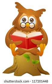 owl cartoon mascot reading a hardcover book while sitting on cutted tree