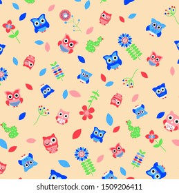 owl cartoon pattern, vector illustration, random position, flowers, leaves and others as ornament, suitable for printing design