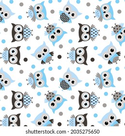Owl cartoon pattern, vector illustration, random position, colorful circles as background