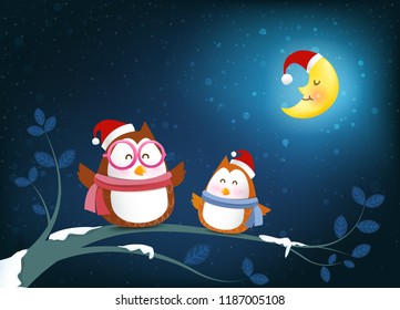 Owl cartoon smile on tree branch twig and falling snow in the winter night backgroud vector illustration 001