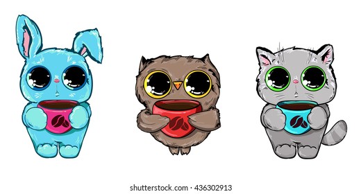 Owl, cat, rabbit. Cup of coffee vector image, coffee and animals. Vector cute animal
