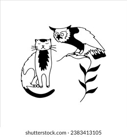 owl and cat vector illustration