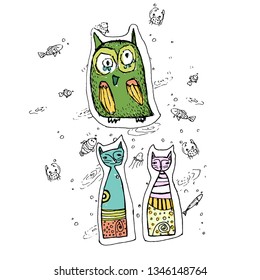 owl with cats children's pattern