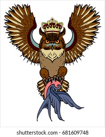 Owl with the caught swallow. Old school tattoo style