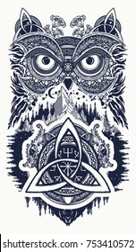 Owl And Celtic Dragons Tattoo Art. Symbol Of Wisdom, Meditation, Thinking, Tourism And Adventure