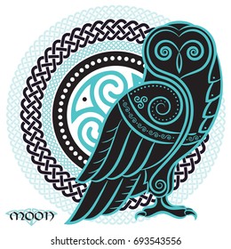 Owl in Celtic style, on the background of the Celtic moon ornament, isolated on white, vector illustration