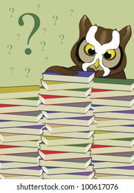 Owl Character Behind a Stack of Books