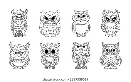 Owl character coloring book. Collection image predatory bird. Vector drawing. Set of design elements.