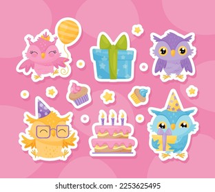 Owl Character Greeting with Happy Birthday Vector Sticker Set