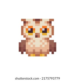 Owl character. Pixel art icon. Stickers design. Isolated vector illustration.