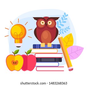 Owl character sitting on pile of books. Education concept. Vector flat graphic design illustration